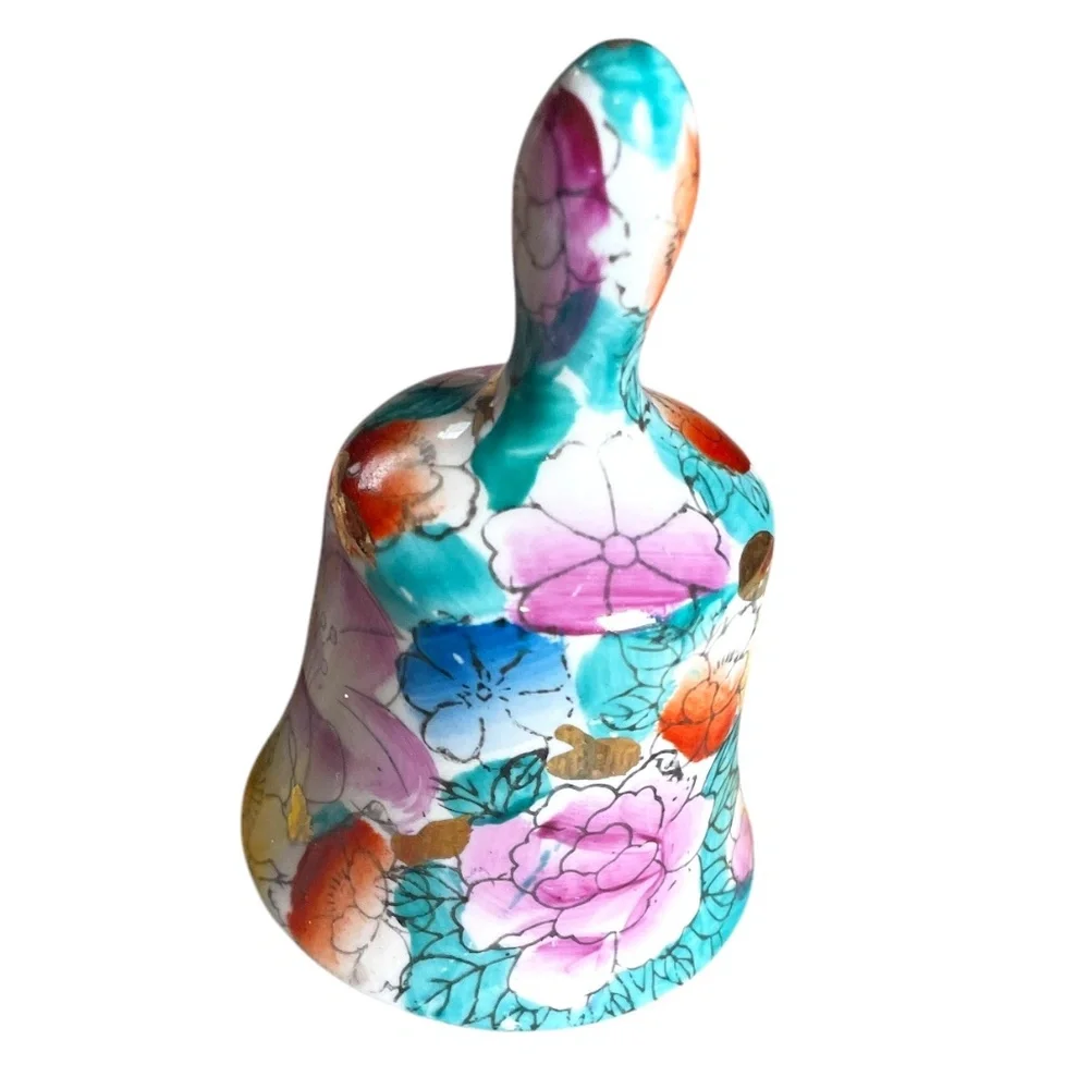 Vintage Chinese Hand Painted‎ Porcelain Bell with Flowers & Gold Accents